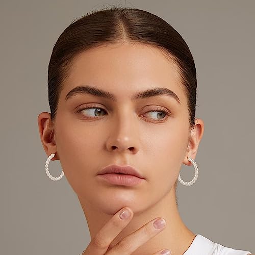 CERSLIMO Pearl Hoop Earrings for Women - 3 Pairs 14K Gold Plated & Sterling Silver Post Big Large Hoops 4mm Pearl Earrings Jewelry Gifts 20/30/40/50mm4