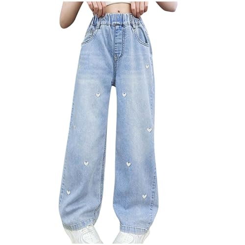 WZMYDBD Mädchen Jeans Baggy Jeanshose mit Herzstickerei Elastische Taille Weites Bein Locker Passform Vintage Denim Freizeithose für Kinder & Teenager Lässige Streetwear Sommerhose mit Taschen