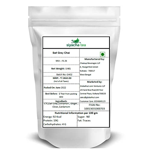 Image of Siyacha Tea Earl Grey Chai, 1 KG, Fine Assam Black Tea with Natural Bergamot oil and Indian Aromatic Spice blend, Healthy Herbal Beverage Makes 500 Cups (approx)