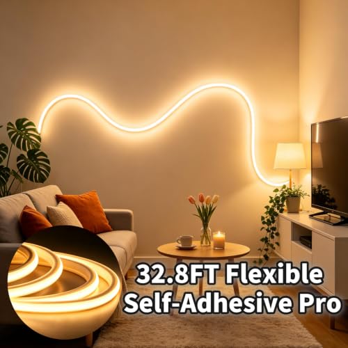 Image of iNextStation 32.8FT Warm White Neon LED Light Strip with Dimmer and Plug | 3120 LEDs Uniform 180 3000K Light with CRI93+, 1.56Inch Cuttable, IP67 Waterproof Silicone Light for Indoor & Outdoor
