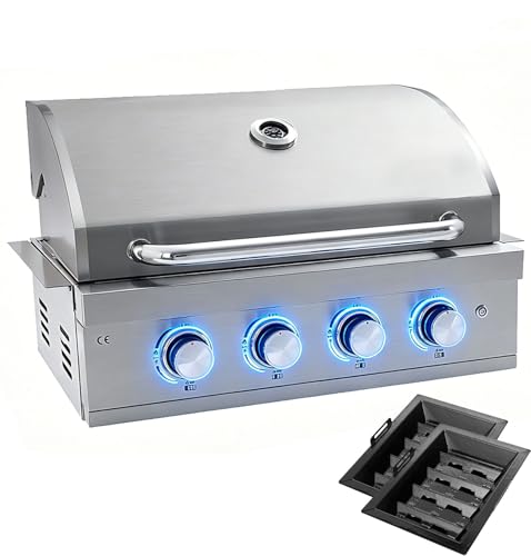 Built-In Gas Grill 28 in 4 Burner Propane Grill LP Gas Charcoal & Natural Gas Convertible Heavy Duty 304 Stainless Steel 48 400-BTUs for Outdoor Kitchen Island Family Cooking