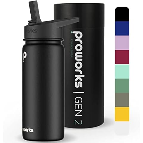 Proworks Gen 2 Insulated Water Bottles with Straw Lid | 540ml Stainless Steel Water Bottle Sports Cap for 24 Hours Cold & 12 Hours Hot Drinks, Metal Leakproof Flask for Work, Gym & Travel - Jet Black Cover