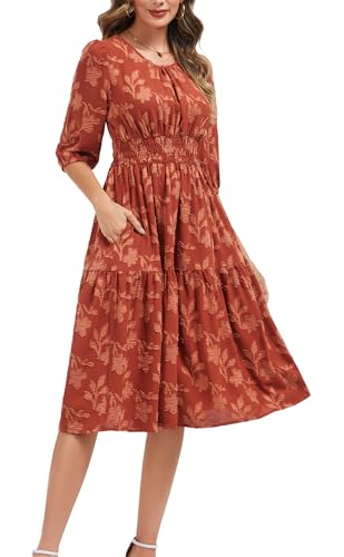 Image of Kormei Women Casual Boho Floral Round Neck 3 /4 Sleeve Smocked Waist Tiered A Line Flowy Swing Midi Dress Long Dresses