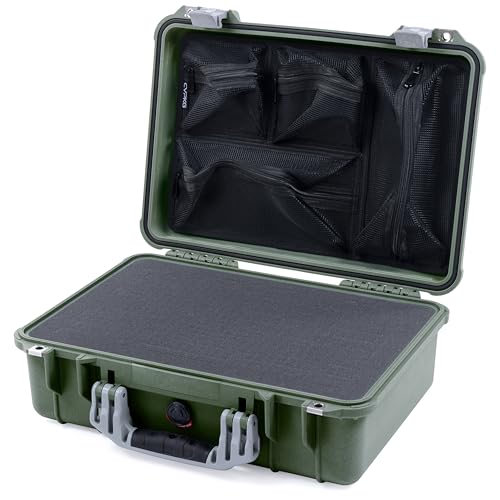 ColorCase Pelican 1500 Case OD Green - Medium Size Waterproof Case with Pick & Pluck Foam Set & Mesh Lid Organizer - Silver Handles & Latches