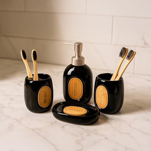 Image of Market99 Ceramic Bathroom Set Glossy Black with Sophisticated Classic Text Pattern, Includes Soap Dispenser, Tumbler, Toothbrush Holder, and Soap Dish for Coordinated Bathroom Style, 400 ML Capacity