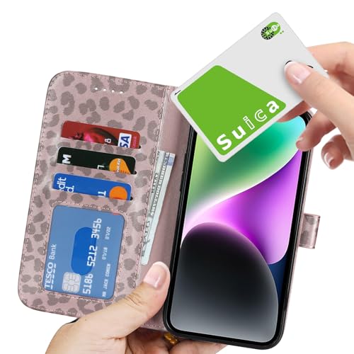 Image of for iPhone 14 Case Wallet with Card Holder,for iPhone 13 Wallet Case for Women Men,PU Leather Shockproof Magnetic Buckle Stand Flip Phone Case-Rose Gold Leopard