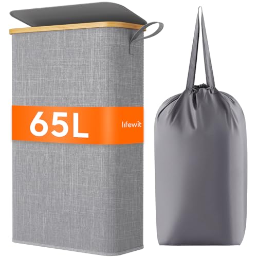 Lifewit Slim Laundry Basket with Lid, Collapsible Laundry Hamper with Bamboo Handles and Removable Laundry Bag, Clothes Washing Basket Storage for Bathroom, Bedroom, Dorm, 65L, Gray