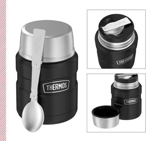 Foto von Thermos Stainless King Thermobehälter für Essen schwarz matt 0,47l - Edelstahl, absolut dicht, hält Speisen 9h heiß & 14h kalt, mit klappbarem Löffel, BPA-frei