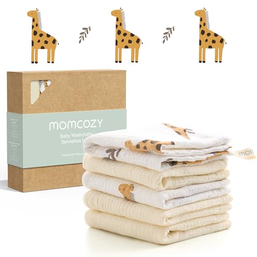 Momcozy Baby Washcloths - 4 Layer Design| Medium Thickness| Soft & Absorbent| Premium Cotton for Newborns'Skin-Great for Bathing, Wiping & on-The-go Use, Shower Gift and Essential(5 Pack, 10x10 inch)