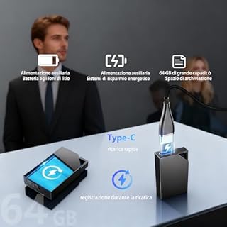 Gonikli Registratore Vocale con, Memoria da 64GB, Ricaricabile USB, Registratore Vocale Spia e Funzioni Attivazione Vocale, Penna Mini Registratore Vocale Spia, Per Lezioni, Riunioni (3 * 2 * 0.6)