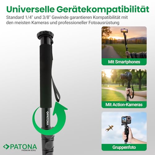 PATONA Premium Teleskop Monopod Stativ | Leichtes Teleskopdesign aus robustem Aluminium | Gezi Mono One Kamera Stativ | Einbeinstativ bis 155 cm | 1/4 & 3/8 Zoll Gewinde | Mit Tragetasche geliefert