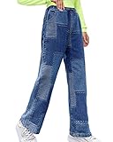 Onsoyours Mädchen Jean Hosen Loch Denim Blau Jeans, Vintage Hose mit weitem Bein für Kinder Fit Mittelblau 13-15 Jahre
