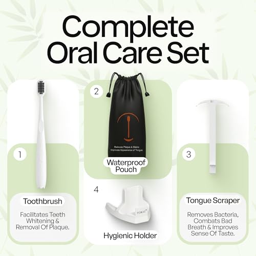 Image of Tokii Tongue Scraper & Tongue Cleaner for Adults, 2-in-1 Toothbrush with Sliding Tongue Scraper, Charcoal Ultra Soft Bristles, Ayurvedic-Inspired, Includes Travel Toothbrush, Stand & Waterproof Pouch