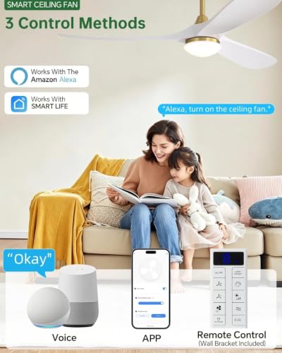 Image of Sofucor 60 Inch Smart Ceiling Fan with Lights, 3 ABS Blades, Golden+White | Alexa /APP /Remote Control, Modern, Quiet DC Motor, 3CCT Dimmable, 6 Speeds, Indoor /Outdoor /Bedroom /Living Room /Patio /Kitchen