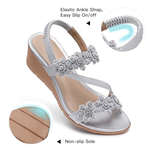 Image of SHIBEVER Wedge Sandals for Women Dressy: Summer Open Toe Low Platform Wedges Sandals Elastic Ankle Strap Flower Comfortable Casual Shoes