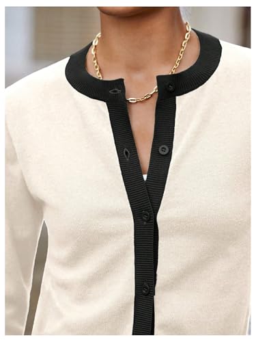Image of WDIRARA Women's Button Front Crop Cardigan Sweaters Long Sleeve Contrast Trim Knit Cardigan Tops Apricot Small