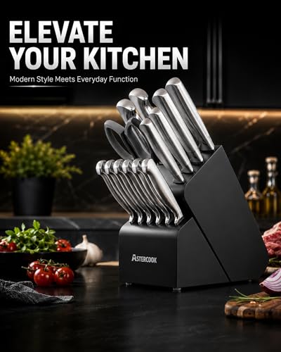 Astercook Knife Set 15 Piece German Steel Kitchen Knife Block Set | Wooden Block with Built-in Sharpener, One-Piece Design, Dishwasher Safe, Rust-Resistant, 6 Steak Knives, For Cooking & Gift - image 8