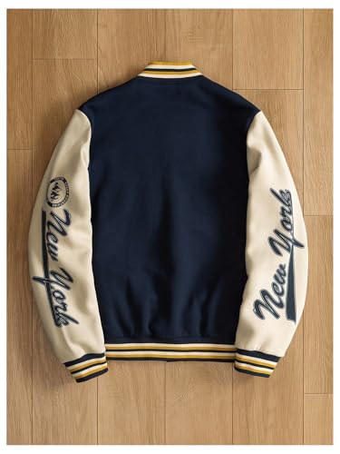 Image of GORGLITTER Men's Letter Graphic Varsity Jacket Long Sleeve Striped Trim Button Bomber Jackets