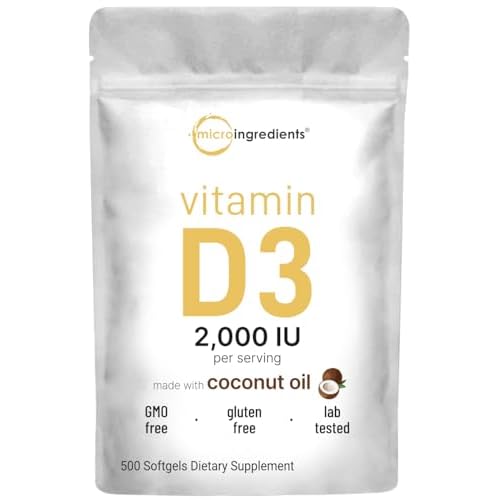 Micro Ingredients Vitamin D3 2,000 IU, 500 Softgels | Virgin Coconut Oil | Cholecalciferol Form | Bone, Immune & Heart Support | Easy to Swallow, Non-GMO