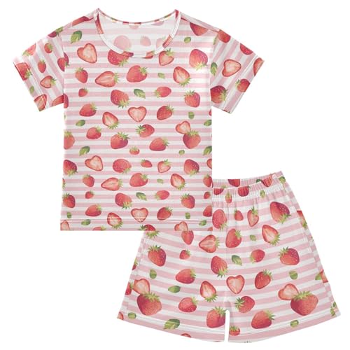 Vdsrup Strawberry Pink Stripes Summer Pajamas Set Short Cotton Sleepwear 2 Piece Unisex 5Y