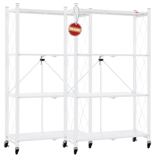 Image of DEANIC 4 Tier Foldable Storage Shelves with Wheels, Large Capacity Shelving Unit, Freestanding Metal Wire Shelf Rack, No Assembly Organizer Rack for Garage Kitchen, Basement, Pantry(White Pack of 2)