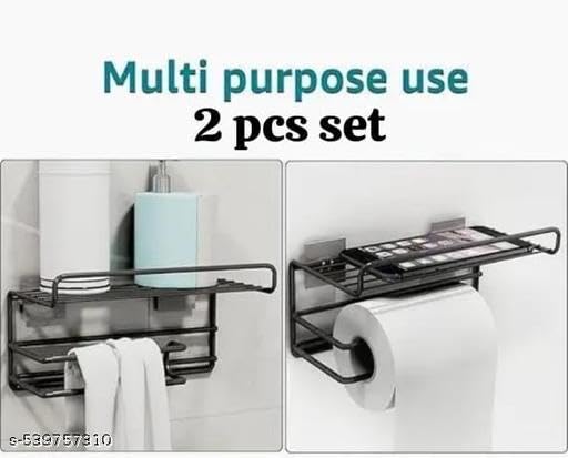 2 PIS Set No Drill Self Adhesive Toilet Paper Holder/Tissue Paper Roll Holder with Mobile Stand/Towel Holder/Bathroom Accessories (Black, Pack of 2)2PIS (Mobile+Tissue) / 515_KP2193 1