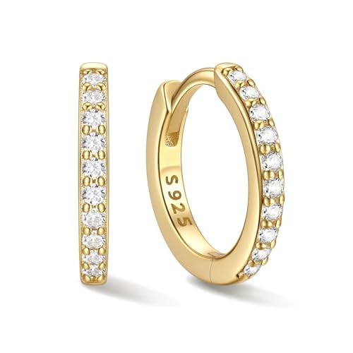 Chicsilver 925 Sterling Silver Huggie Earrings for Women 14K Gold Plated Silver Hoop Earrings for Women Hypoallergenic Small Cubic Zirconia Huggie Earring (6/8/10/12/14/16/18/20mm) 10MM Gold