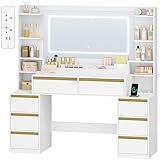 HEXCELEN 135 cm Dressing Table with Mirror, Vanity Desk, Adjustable 3-Colour LED Lights, Dressing Table with Plug, Hairdryer Holder, 8 Drawers, Open Storage Spaces, Modern, White-Gold