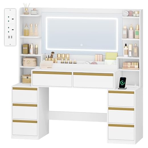 HEXCELEN Dressing Table with Mirror, Vanity Desk, Adjustable 3-Colour LED Lights, Makeup Desk with Plug, Hairdryer Holder, 8 Drawers, Open Storage Spaces, 40 × 135 × 145.2 cm, Modern, White