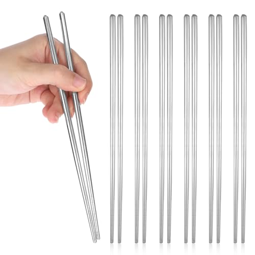 6 Paar Metall-Essstäbchen, Essstäbchen Edelstahl, Wiederverwendbare Essstäbchens, Spülmaschinenfest, 22 cm, Personalized Chopsticks Geschenkset (Silber)