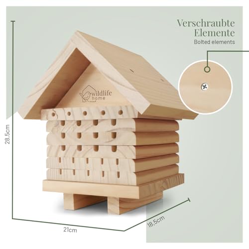 WILDLIFE HOME Bienenhotel aus Naturholz I Insektenhotel, Bienenhaus, Nisthilfe Unterschlupf für Wildbienen, Bienen I Wildbienenhotel für Garten & Balkon