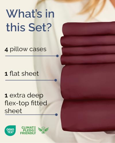 Image of Extra Deep Flex Top Split Head King Sheet Set - 6 Piece Breathable and Cooling Sheets - Hotel Luxury Bedding for Women, Men, Kids & Teens - Easy Secure Fit - Extra Deep Pockets - Burgundy