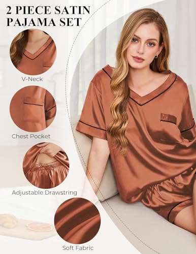 Image of Silk Pajamas for Women Short Sleeve Satin 2 Piece Pj Set Soft V Neck Sleepwear Loungewear, S-XXL