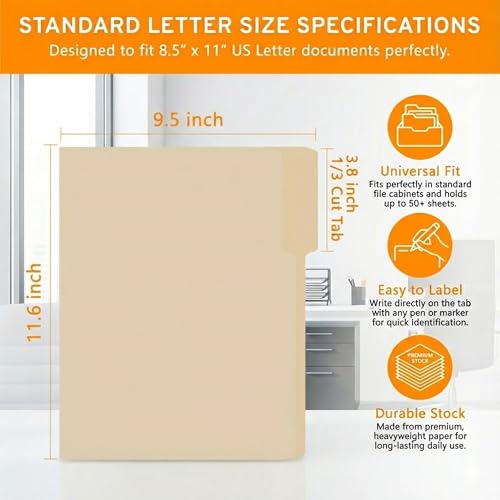 image for VZCPYTPM 100 Packs Manila File Folder,Manilla Folder 8.5x11,1/3 Cut Ta
