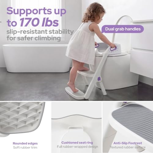 lalalark Potty Training Seat, 2-in-1 Toddler Toilet Seat with Steps, Upgrade Potty Step Stool for Toddler with Anti-slip Pad Step Stool, Extended Splash Guard, Foldable Potty Ladder Boys Girls, Purple - 5