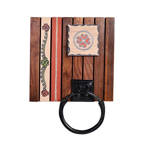 Image of Aakriti Art Creations Floral Art Wooden Towel Holder | Handcrafted Wooden | Matte Finish Natural Brown Wall Mounted Towel Holder for Bath & Wash Area