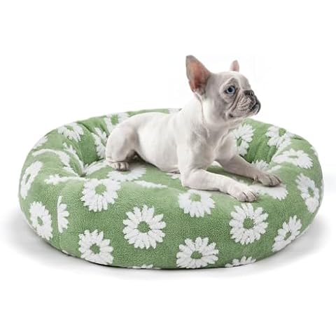 Due Felice Donut Dog Bed for Medium Large Dogs 36 Inch Claming Round Dog Beds Circle Cuddler Pet Bed Fluffy Warm Soft Round Bed Removable Washable Cover Anti-Slip Bottom, Green Flower Cover