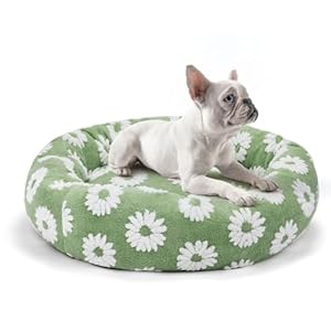 Donut Dog Bed for Small Dogs 20 Inch Round Cat Beds for Indoor Cats Circle Cuddler Pet Bed Fluffy Warm Puppy Bed Removable Washable Cover Anti-Slip Waterproof Bottom, Green Flower