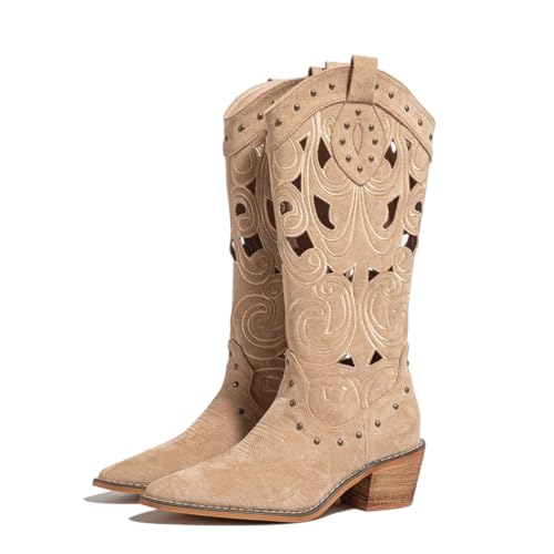 Women's Suede Hollow Out Western Boots Pointed Toe Block Heel Embroidered Cowboy Boot Studded Mid-Calf Boot for Women