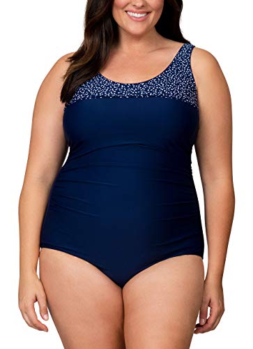Caribbean Sand Women's Ruched Plus Size One Piece Swimsuit with Tummy Control (Navy, 24W)