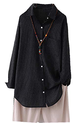 Minibee Women's Cotton Casual Shirts Vertical Stripes Tops Linen Blouse Button Down Tunic Clothing for Women M Black