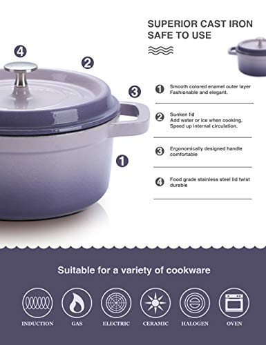 SULIVES Non-Stick Enamel Cast Iron Dutch Oven Pot with Lid Suitable for bread baking use on gas electric oven 5 Quart for 4-6 people(Purple) - Thumbnail 2