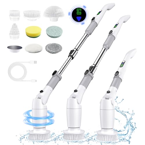 Cepillo Electrico Limpieza hogar, Cepillo Limpieza Electrico sin Cable Velocidad de 550 RPM Velocidad con 8 Cabezales Intercambiables Y Mango Extensible Ajustable para Baño, Cocina, Coche, Paredes
