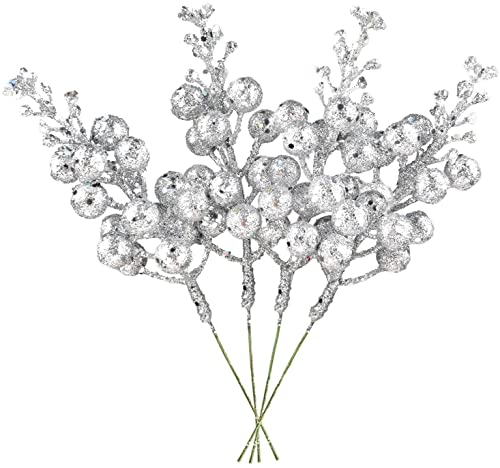 xingzhi 14 Stück Weihnachts-Glitzer-Beeren, Stiele, 19 cm, Champagner, künstliche Weihnachtsspieße für Weihnachtsbaumschmuck, DIY-Weihnachtskranz, Handwerk, Urlaub und Heimdekoration (Silber) Cover