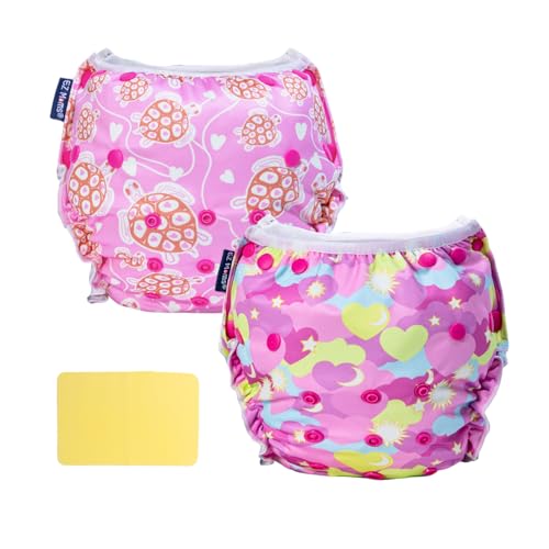 Image of EZ Moms Baby Swim Diapers Reusable 2Pcs Snap One Size Adjustable Washable Newborn Infant Swim Diaper with a Shammy Towel for Baby Girl Water Diaper Waterproof Swimming Diapers for Swimming Lessons