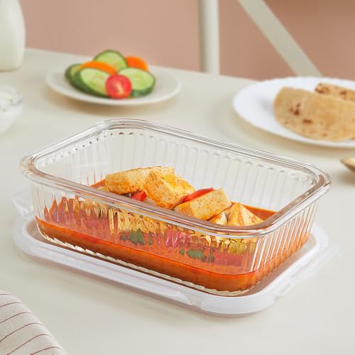 Image of Borosil 1.05 L Fluted Klip N Store Rectangle Food Storage Container with Air Tight Glass Lid | Borosilicate Glass Container for Lunchbox | Microwave & Dishwasher Safe | Transparent