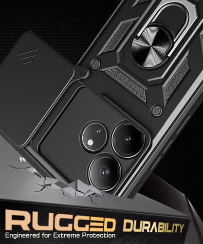Image of WOW IMAGINE Tough Armor Bumper Mobile Back Case for Realme GT 6T 5G | Realme GT 6 | Sliding Camera Shield Cover | Shock Proof 360 Protection | Hybrid PC + TPU | Ring Holder with Kickstand - Black