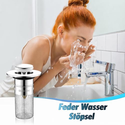 304 Edelstahl Pop Up Abflusssieb, 34-40mm Universal Pop Up Abflusssieb Waschbecken,Keine Demontage Erforderlich, mit Haarsieb und Einer Federbürste ür Bad, Waschbecken und Küche