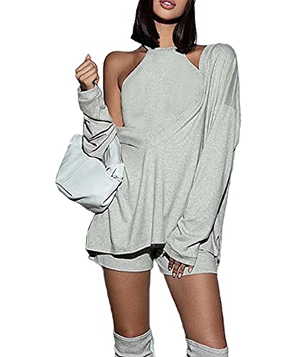 Image of ECDAHICC Women's Two Piece Outfits Knitted Halter Neck Crop Tank Tops and Oversized Off Shoulder Deep V Neck Pullover Sweater