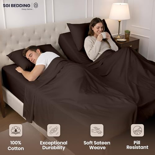 Image of SGI Split King Sheet Set for Adjustable Bed Egyptian Premium Cotton 600 Thread Count Sheets for Sleep Number Bed 15 inch Deep Pocket 5 Pc Set with 2 Twin XL Fitted Sheets Soft Breathable -Chocolate
